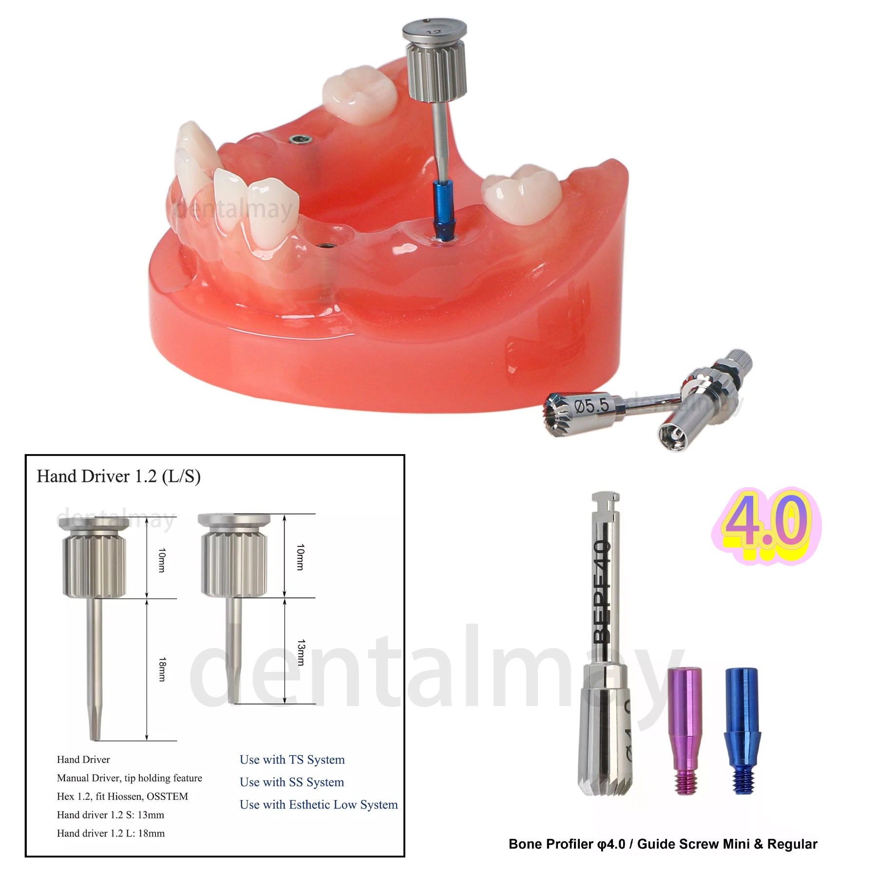 

Universal Implant Fit Hiossen Bone Profiler Ø4.0 Guide Screw M and R Hand Drivers 1.2mm