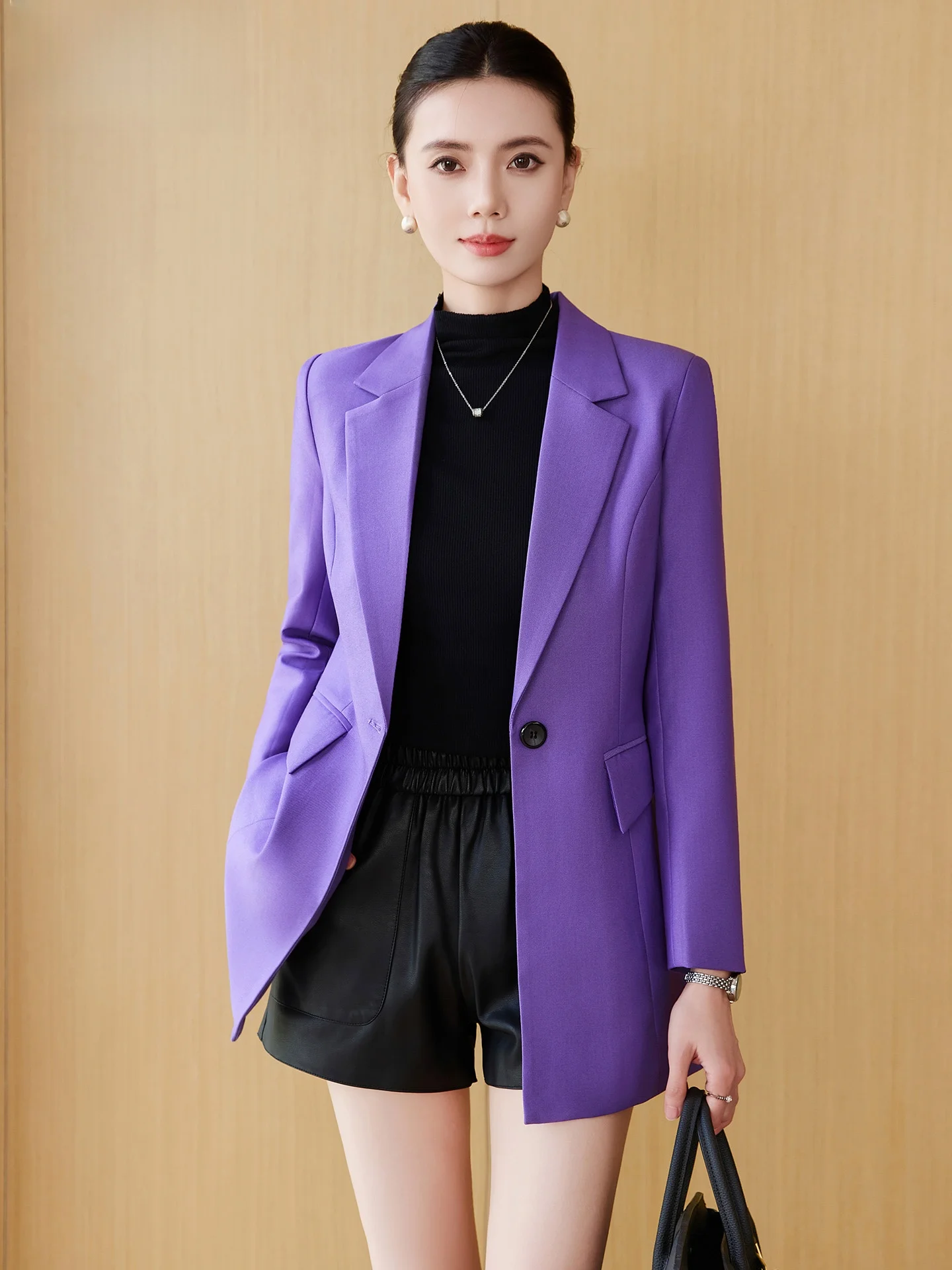 

Purple Mid-Length Women's Suit Casual Style Professional Straight Cut Button Design Polyester Fabric Office Wear Daily Outfit