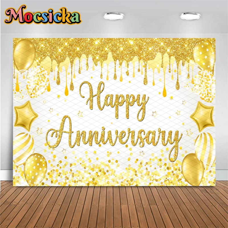 

Mocsicka Happy Anniversary Photography Backdrop Gold Glitter Drip Balloon Background Cloth Wedding Party Photo Booth Tapestry