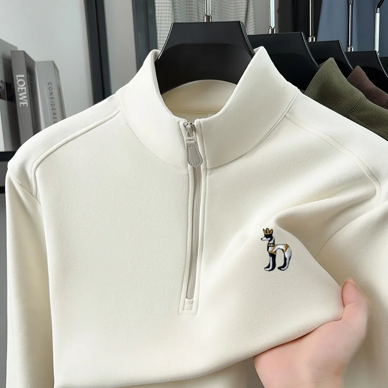 High Quality Men's Half Zip Stand Collar T-Shirt New Embroideryed Print Long Sleeved Solid Color Top Casual Exquisite Men's Wear