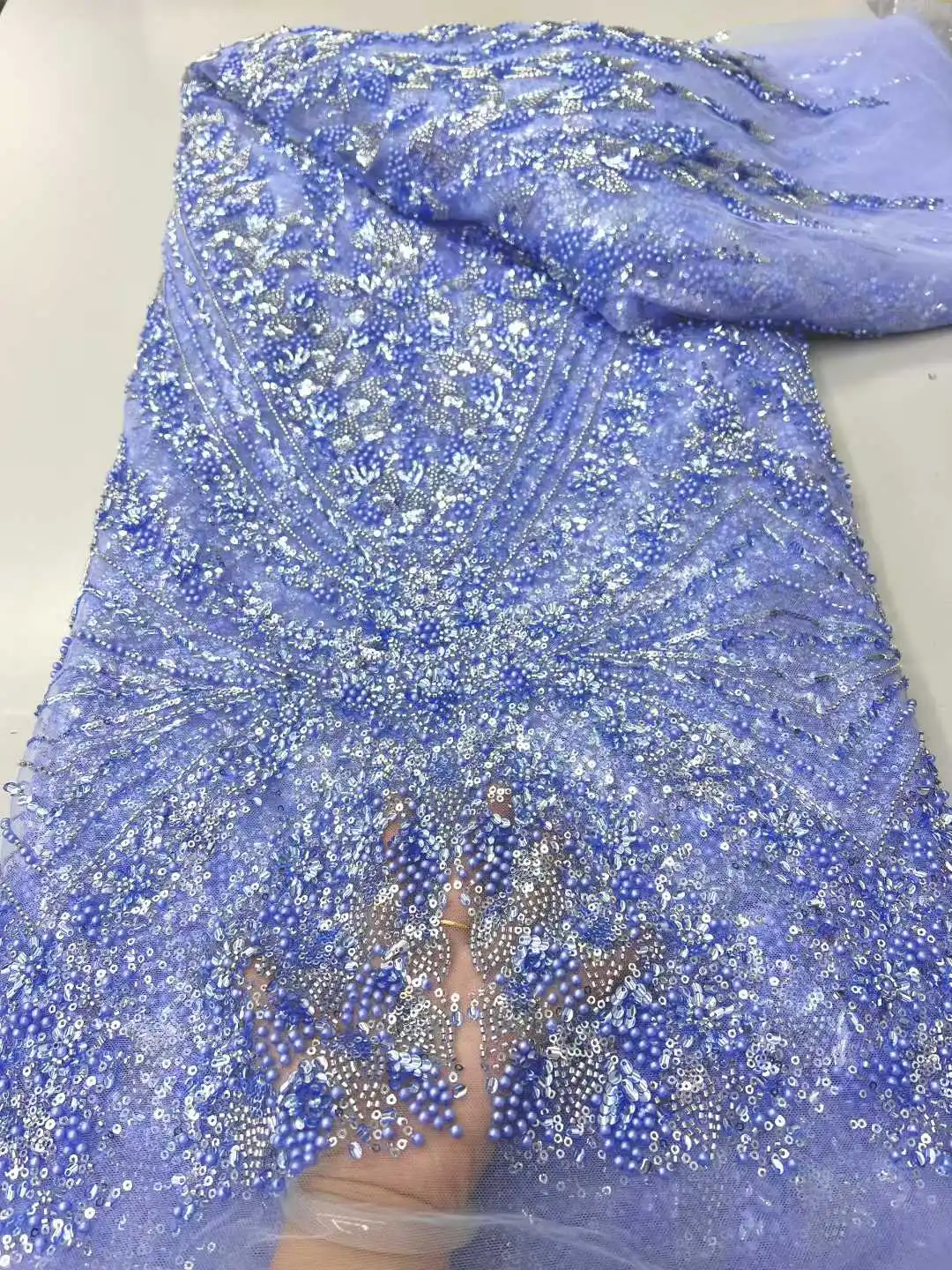 

Luxury African Lace Fabric Blue Tulle Lace Fabric 2026 5Yards Heavy Beaded Sequin Tulle Lace for Party Wedding Dresses