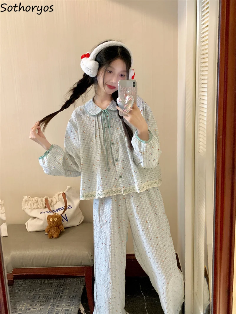 

Пижамные комплекты с цветочным принтом для женщин, милые милые девушки, корейская мода, шикарная популярная повседневная осенняя одежда для сна, стильная домашняя одежда, модная