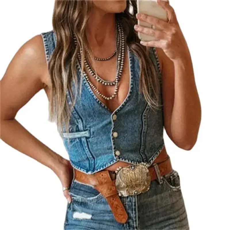 

Vintage Three Button Patchwork Cardigan Denim Vest Women Deep V Neck Sleeveless Tops Female Short Tees Summer Casual Streetwear