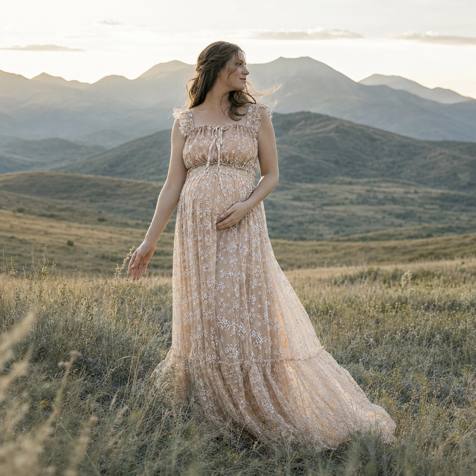 Don&Judy Floral Embroidered Short Sleeve Maternity Dress Baby Shower Gown for Maternity or Non-maternity Photography Props