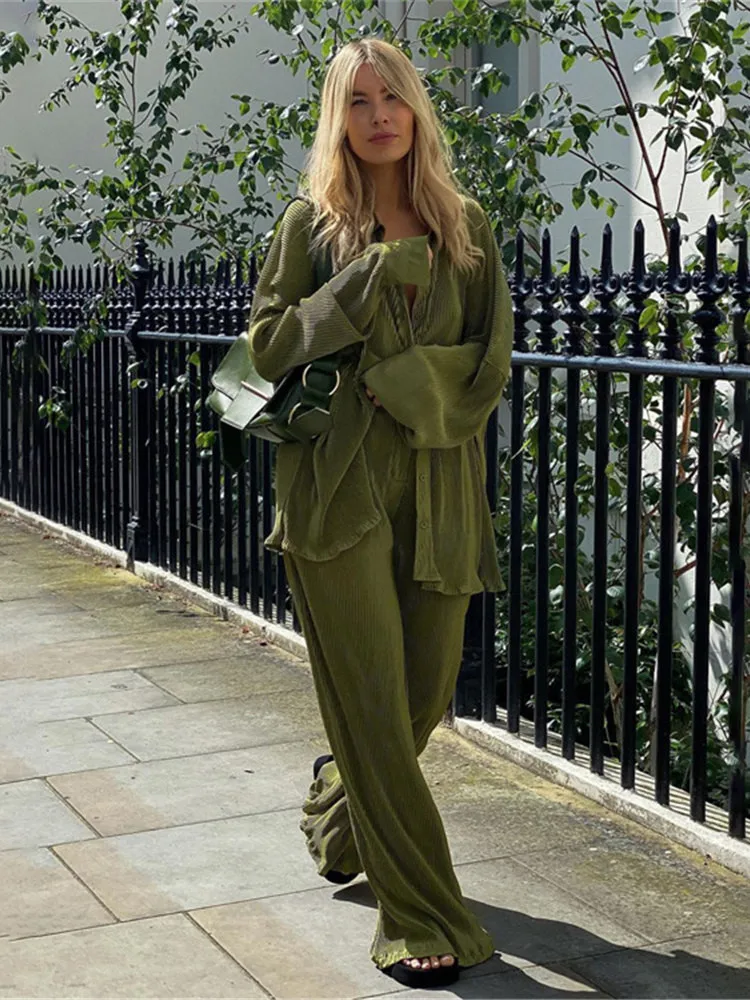 Two Piece Pant Set Elegant Green Pants Set Women Autumn Long Sleeve Blouses Matching Wide Trousers Suit Loose Shirts