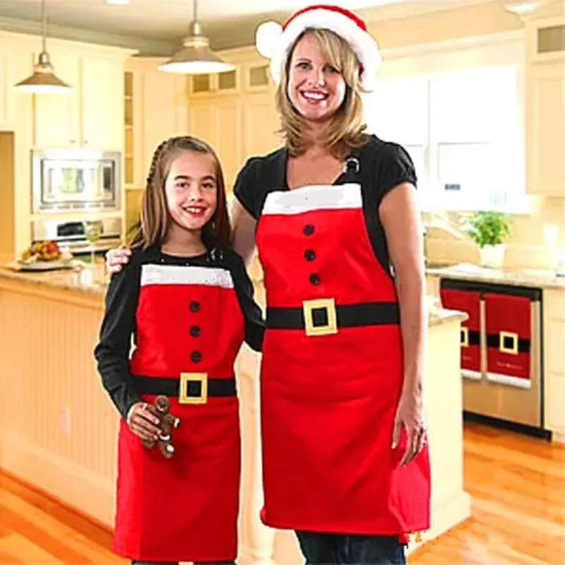 5PCS Adult Kids Christmas Apron Christmas Red Dress Apron Hotel Cooking and Baking Chef Apron Holiday Decoration Christmas Party