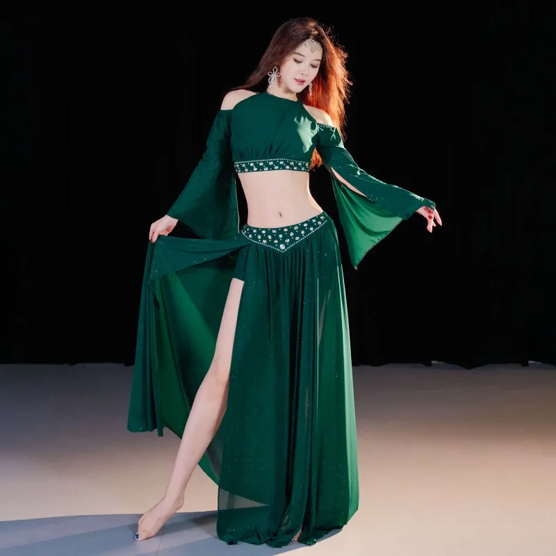 Costumes de danse du ventre personnalisés, Costume de danse orientale, perceuse faite à la main, ensemble de jupe de classe, vêtements de cours de danse du ventre, haut 2 pièces