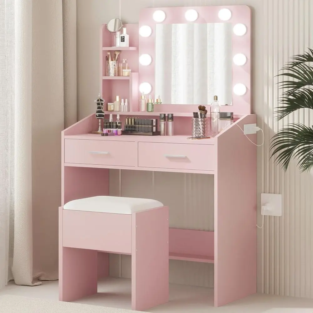 

Makeup Vanity Desk with Mirror, Lights, and Stool, Pink with 2 Drawers and 3 Dimmable LED Lights