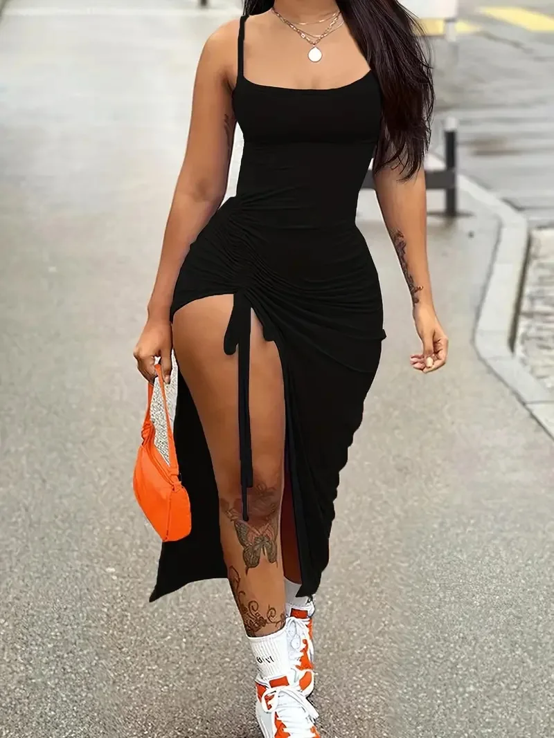 Women's Dress 2026 Spring Summer New Solid Color Hot Girl Cinched Waist Side Drawstring Sexy High Slit Slim Fit Camisole Dress