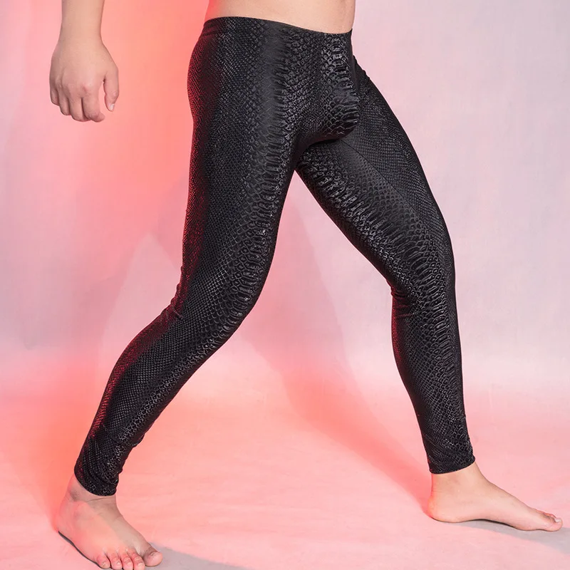 Men Sexy Shiny PU Leather Leggins Underwear Leopard Printed Elastic Skinny Long Pants Tights Leggings Nightclub Trousers