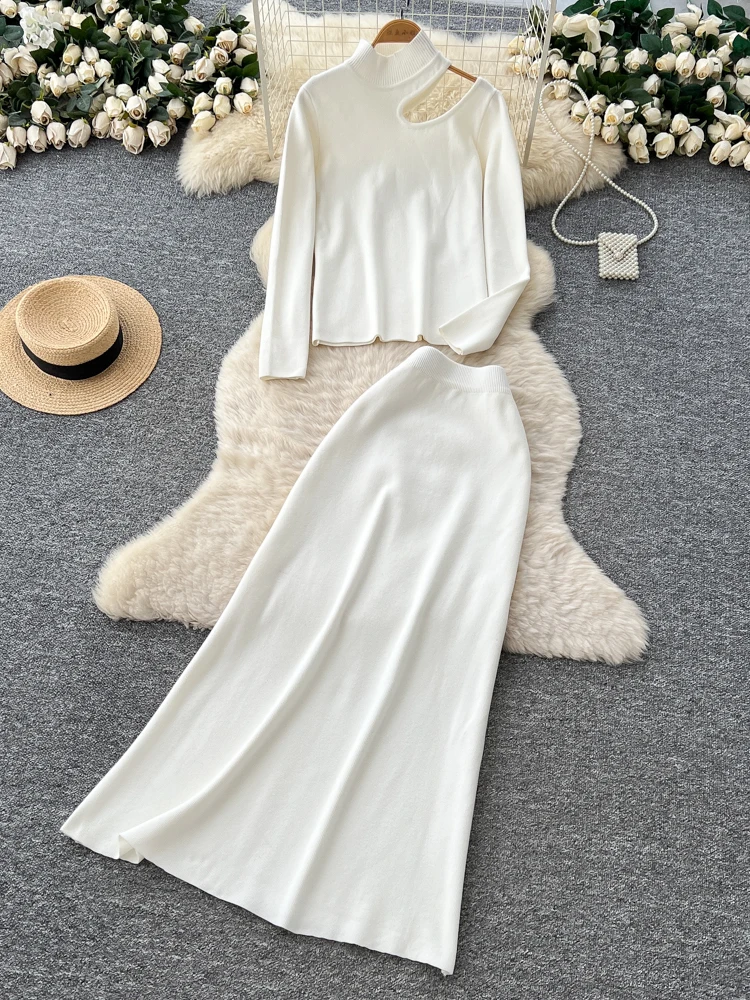 سترة نسائية محبوكة طويلة من Laid-ba Sle وتنورة تنحيف عالية الخصر طقم ملابس خريفية #1