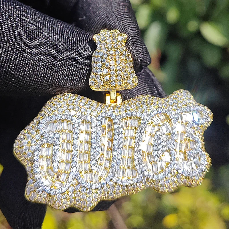 Hip Hop 3A+ CZ Stone Paved Bling Iced Out Juice Letter Pendant Necklace for Men Women Unisex Rapper Jewelry Gold Silver Color