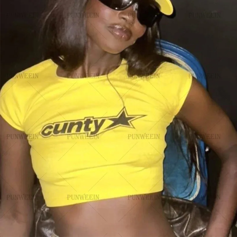 Aesthetic Goth Letter baby Tees Cute Yellow Sexy Crop Tops Women Y2K Clothes Hot Girl Harajuku Short sleeve Street Emo Tops