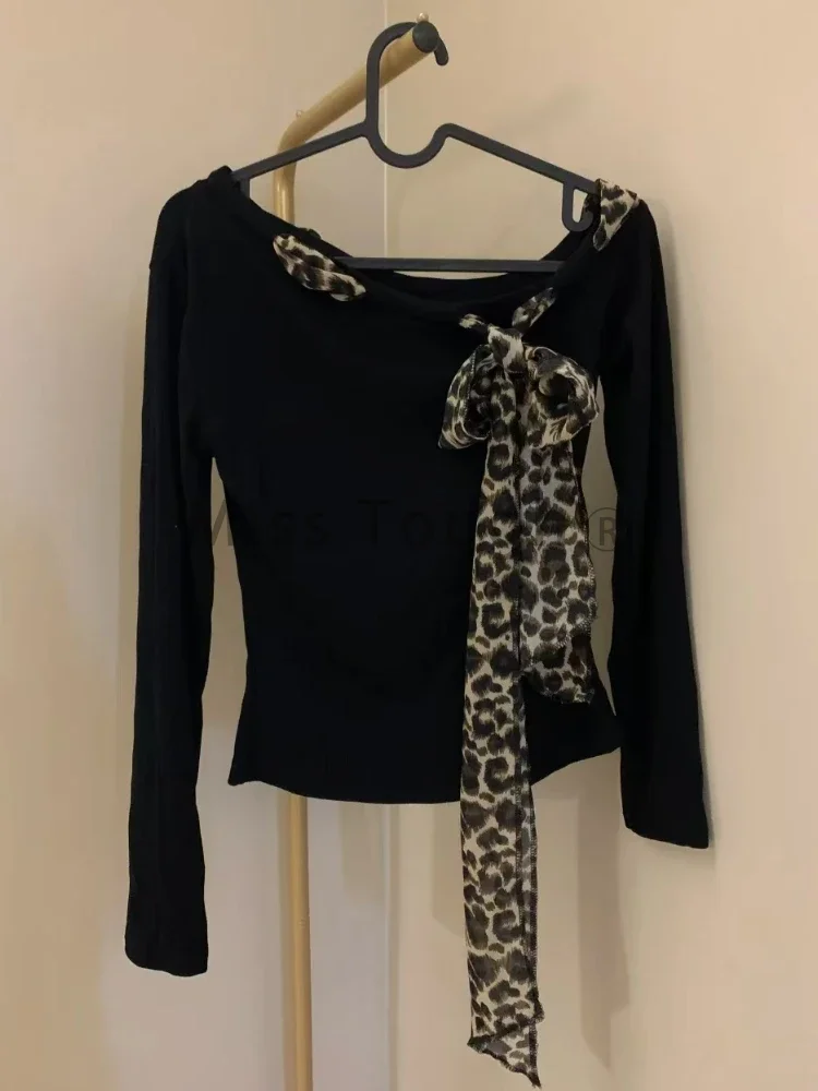 Aesthetic Vintage Slim Long Sleeve Tops Women Y2k Sexy Off Shoulder Solid  Leopard Print Top Gothic Chic Thin Thin T Shirt New