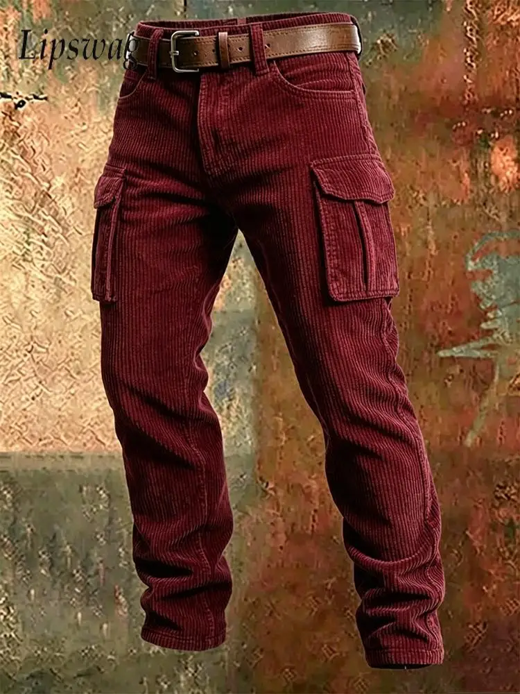 Fashionable Multi-pockets corduroy Cargo Pants Mens Fall Winter Solid Color Trousers Outdoor Casual Men Loose Straight Bottoms