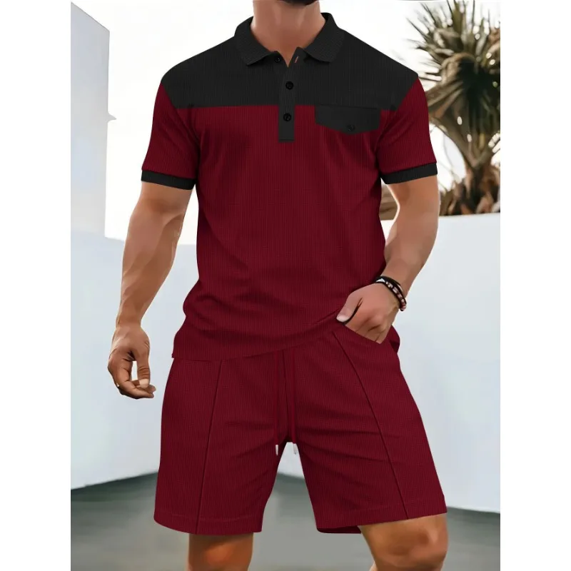 Summer Men's New Waffle Button Solid Color Lapel Short-sleeved T-shirt Shorts Casual Suit