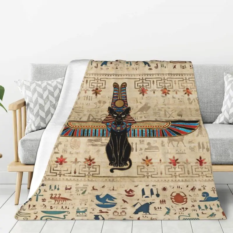 Mantas Bastet de gato egipcio con jeroglíficos impresas en 3D personalizadas, manta de franela suave transpirable para invierno, sofá, oficina y dormitorio