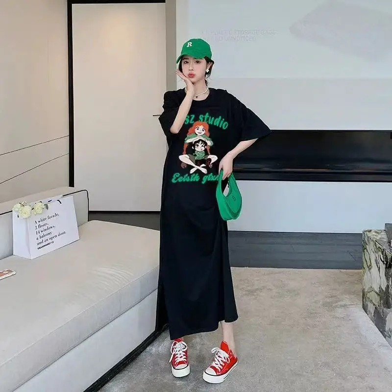 Abito lungo estivo con t-shirt Manica corta da donna oversize al ginocchio Alla moda coreana Sle Abiti larghi e comodi taglie forti