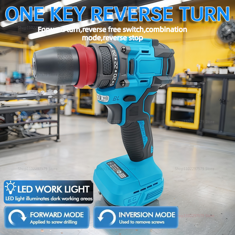  Cordless Brushless Electric Drill 2-Speed Metal Chuck DIY Home Improvement Tool for Makita 18V Battery Compatible No Battery 