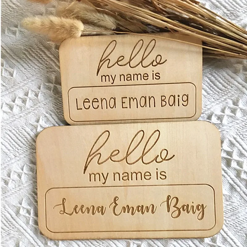 “Hello My Name Is” Wood Plaque Personalized Newborn Name Sign Birth Announcement Tag Photo Props Baby Shower Gift Place Cards