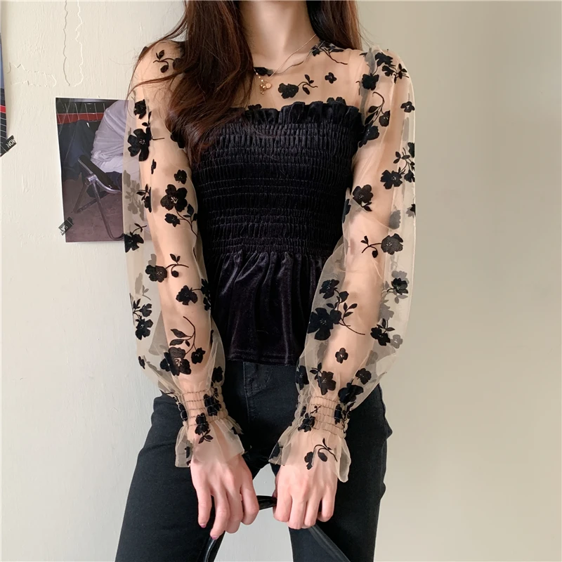 Sweet Mesh Spliced Shirts Blouses Women Velvet Chic Fall Winter All-match Defined Waist O-neck Flare Sleeve Causal Mujer Ulzzang