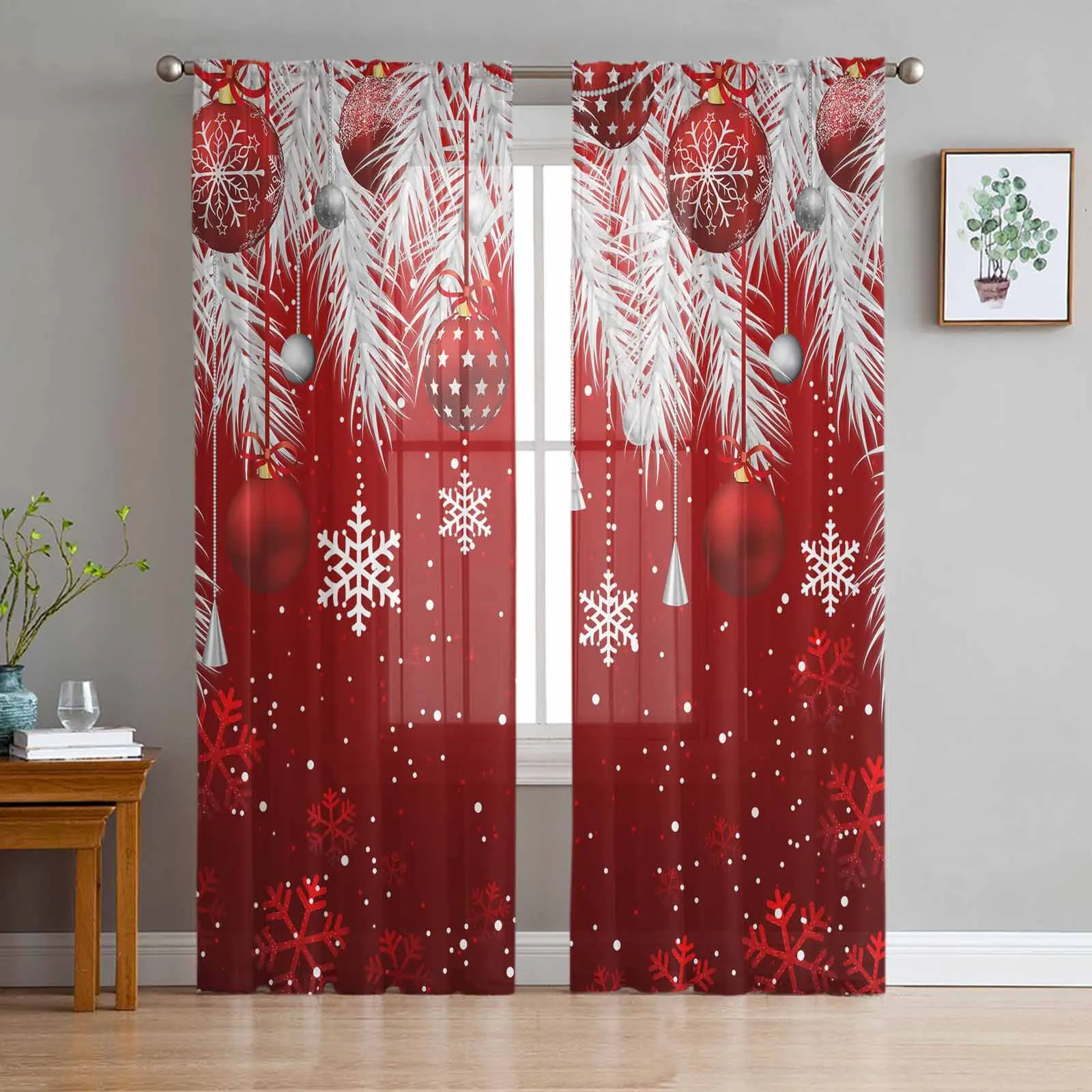 

Silver Pine Leaf Christmas Ball Chiffon Sheer Curtains for Living Room Bedroom Decor Kitchen Window Voiles Tulle Curtain