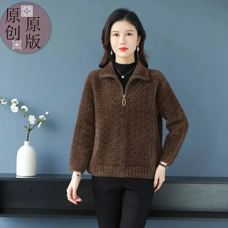 2024 outono inverno nova mãe camisola feminina curto vison veludo casaco feminino de meia idade jaqueta solta zíper com cardigan outwear