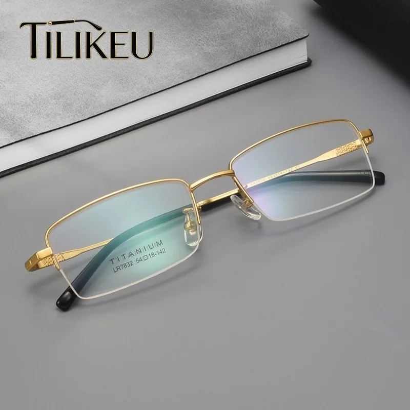 New Ultra-light Pure Titanium Square Half-frame Business Retro Men Eyeglasses Frame Designer Comfort Half-Rimless Glasses Frame
