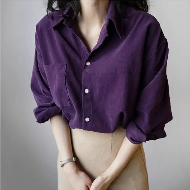 

Corduroy Vintage Long Sleeve Solid Loose Blouse Women Clothing New Spring Autumn Polo Neck Elegant Shirt Tops Fashion Office