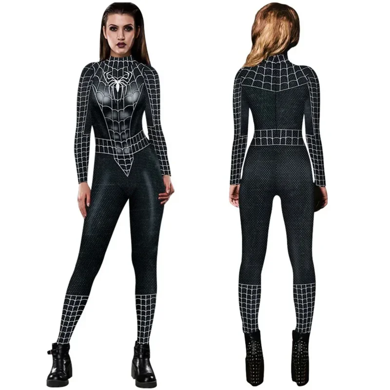 

Black Spider Web Jumpsuit Fancy Dress Up Super Hero Women Costume 2023