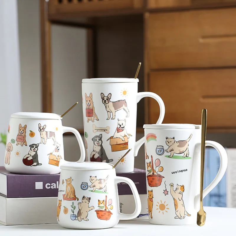 Cartoon Cat and Dog Cup Ceramic Drinkware Mug Coffee Mug Spoon with Lid Office Breakfast Milk Water Mugs Couple Desk Decoration