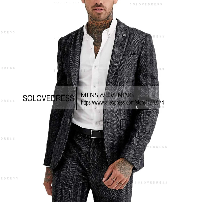 2 Pieces Men\'s Suits Herringbone Slim Fit  Single Breasted Suit Formal Suits Groomsmen Wedding Tailored Fit (Blazer+Pants)