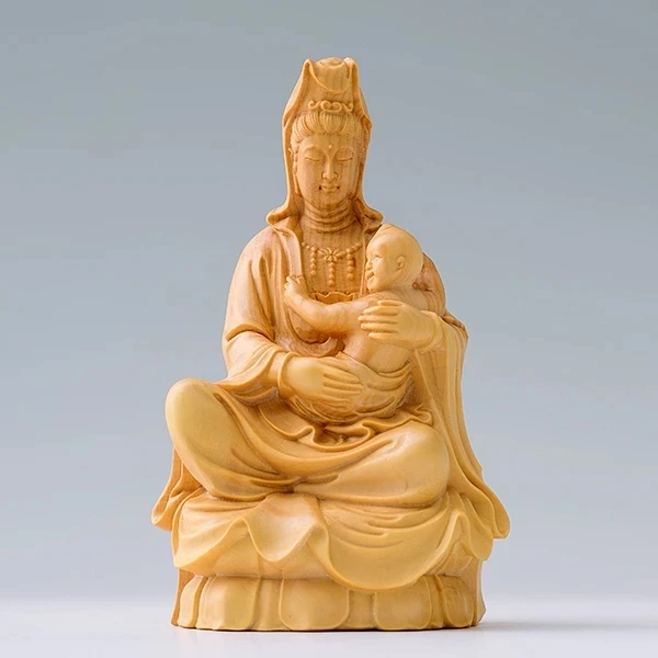 

Boxwood 10CM Guanyin Sculpture Wood Buddha Statue Feng Shui Guan Yin with Boy Home Decor