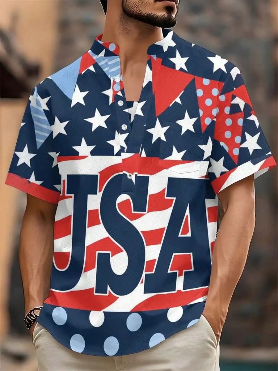 

Mens USA Star Stripe Print Henley Collar Casual Summer Shirt