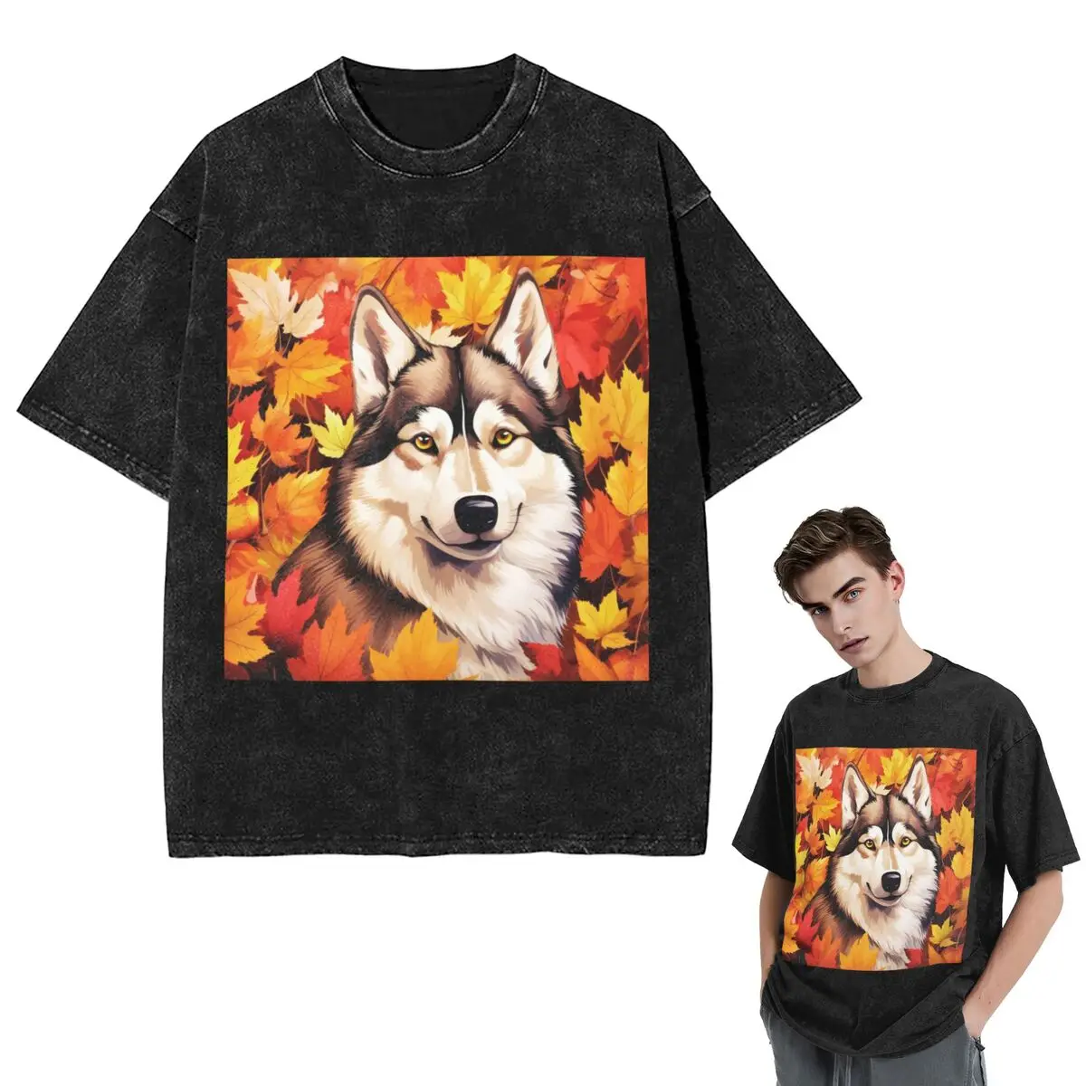 Streetwear T-Shirts Autumn Fall Siberian Husky Dog Washed T Shirt Short Sleeve Hip Hop T-Shirt Tops Tees for Men Women