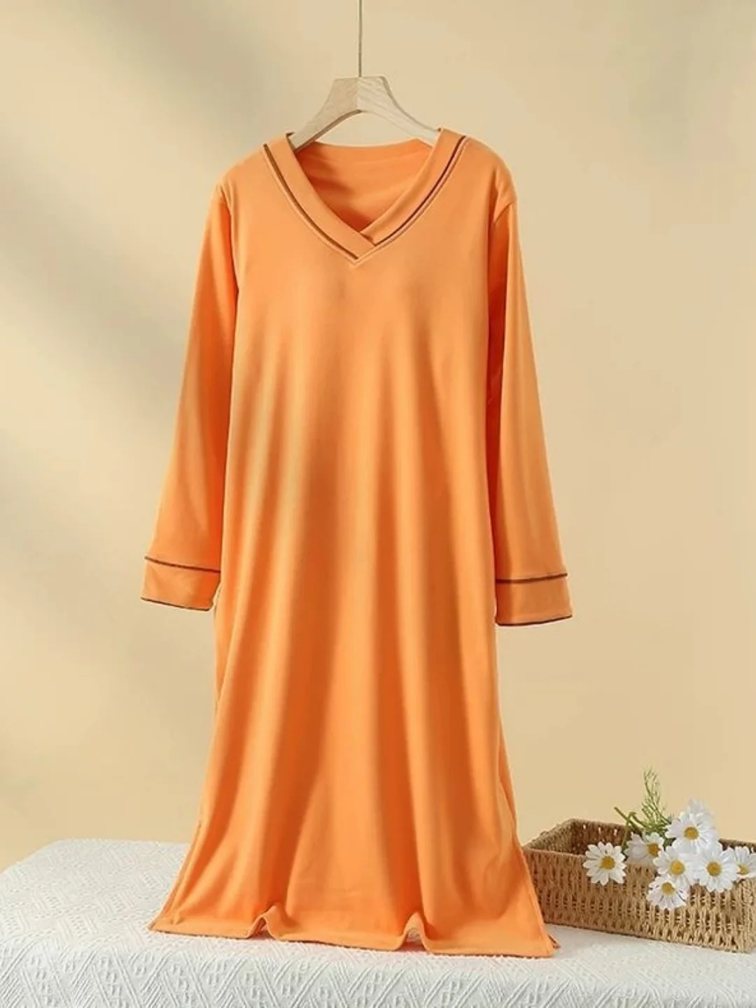 Comfortable Long Sleeve V-Neck Pure Color Home Dress Women's Casual Wear Ultra-Size Sleepwear Dress Simple Style Youth Suitable