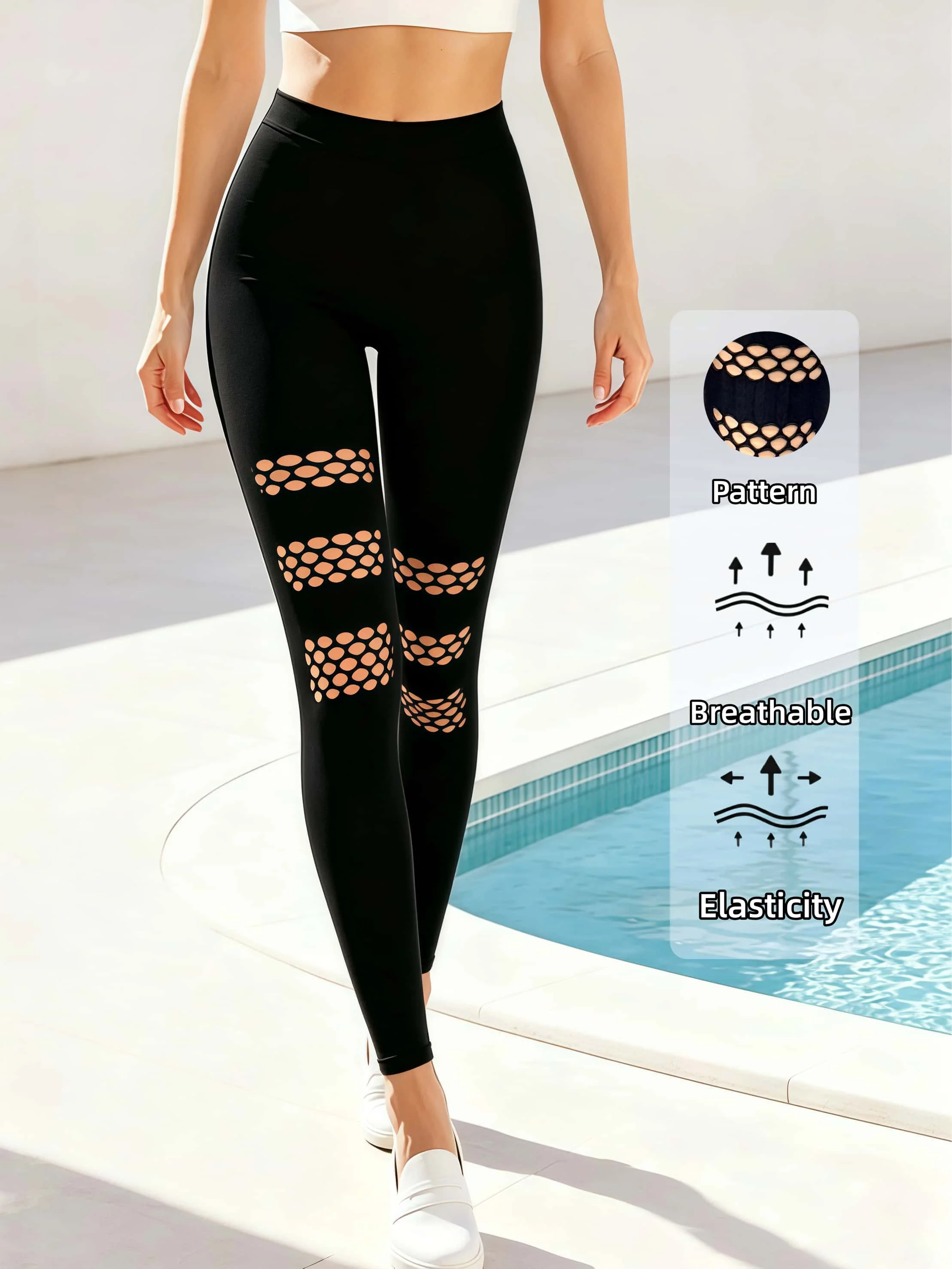 Women's High Waist Hollow Out Breathable Tights, Knitted Fashion Comfortable Casual Leggings, Daily Life Commuting Outfit