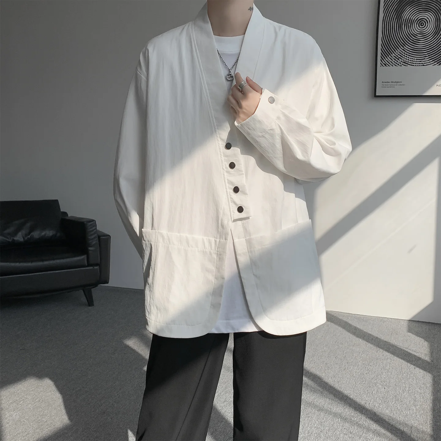 

M-XXXXXL Plus Size Men Solid Color Layering Kimono Long Sleeve Shirt for Spring/Autumn Loose Oversized Boho Cover-Up Blouse 5XL