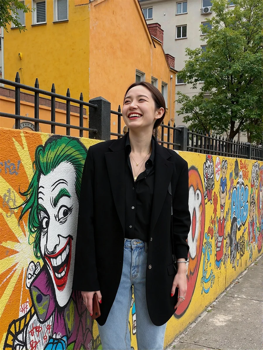 Women'S Modern Blazers Black White Turn-Down Collar Chaqueta O Neck Color-Blocked Cuffs Holiday Solidcolor Sleevebuttons Evening