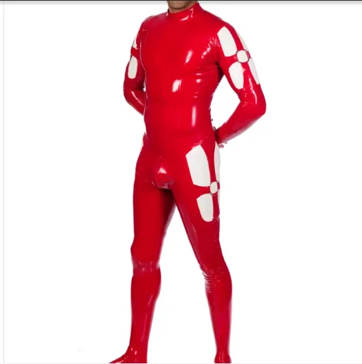 

Latex 100%Rubber Gummmi Red men's bodysuit with white racing uniform party role special occasion hand customized 0.4mm XS-XXL