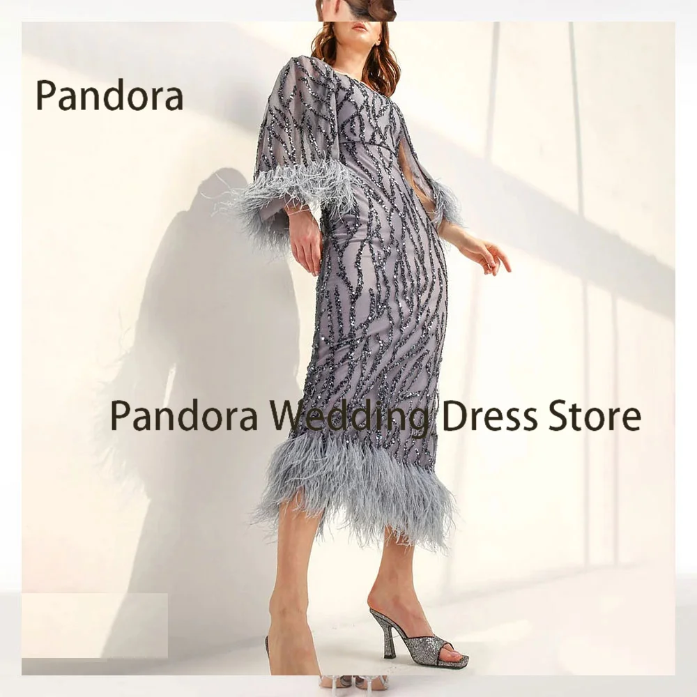 Pandora Women's Ankle-length evening gown with square neck long sleeve mermaid sequin feather slit wedding birthday party dress