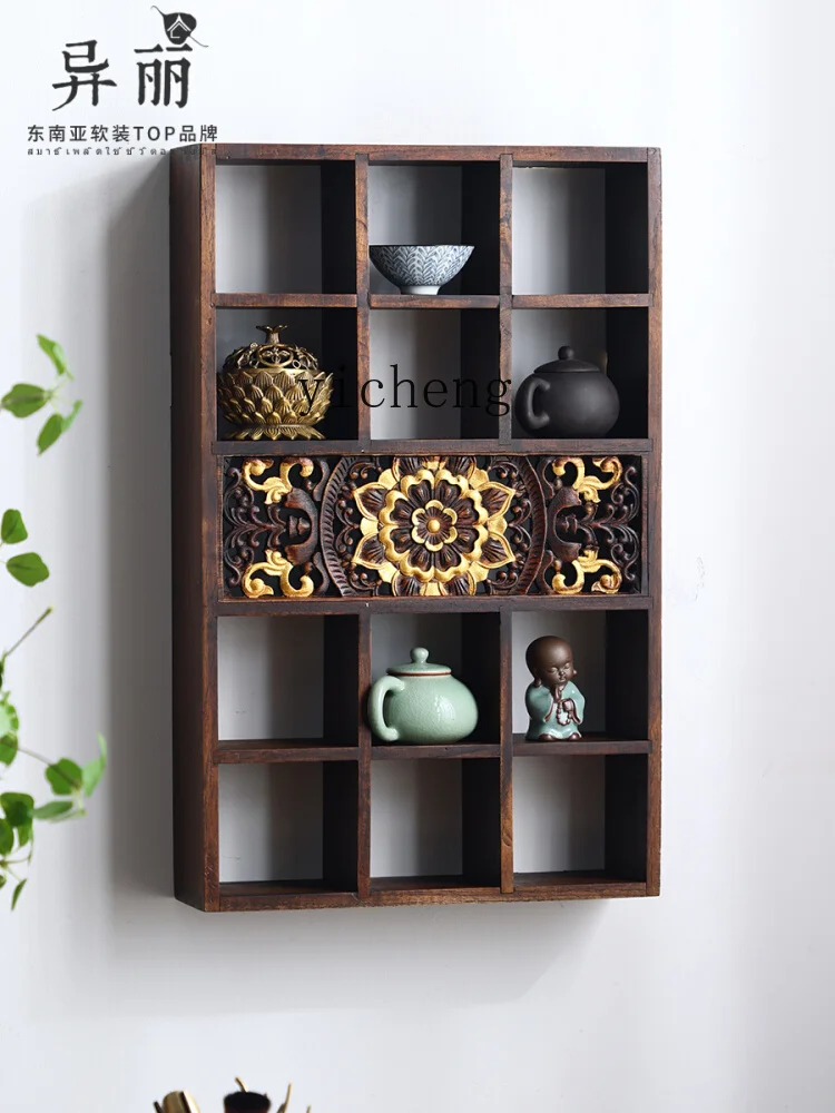 Zk Solid Wood Chinese Style Wall-Mounted Antique Shelf Wall Tea Set Shelf Duobao Pavilion