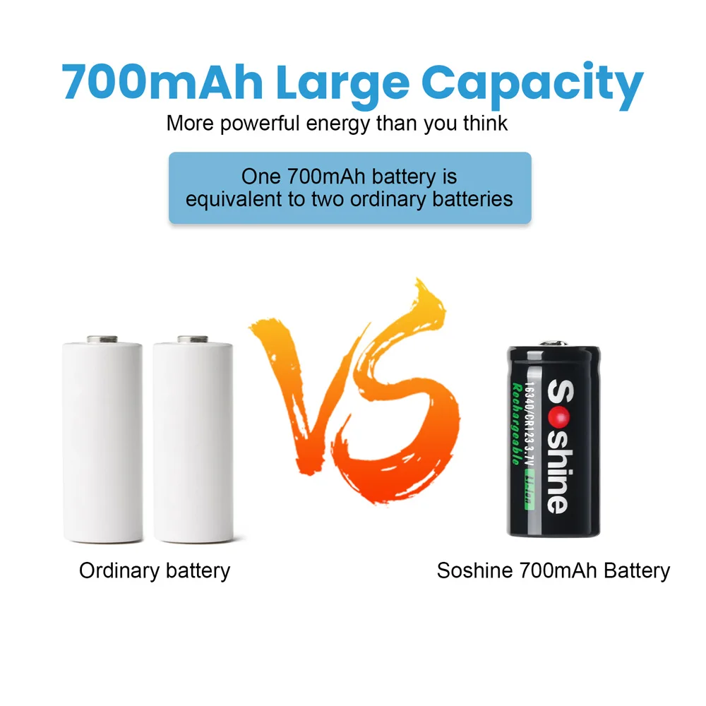 Soshine 700mAh 3.7V Lithium Batteries RCR123 16340 Li-ion Rechargeable Battery for Flashlight Smoke Alarm Camera Water Meter Toy