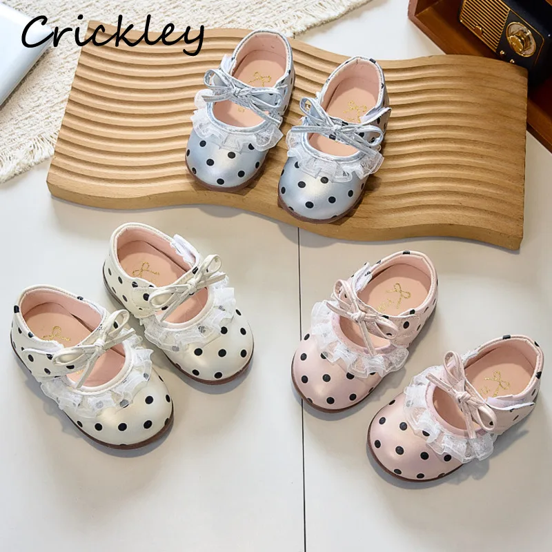 Dot Bow Children Flats Shoes Ruffles Lace PU Leather Baby Girls Princess Shoes Soft Hook Loop Anti Slip Kids Fashion Shoes