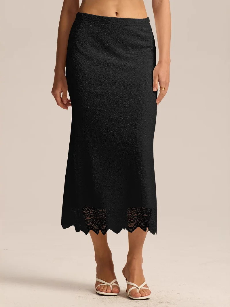 กระโปรงยาวเอวสูงผ้าลูกไม้ทรงเข้ารูปเซ็กซี่สไตล์ยุโรปสำหรับผู้หญิง ทำจากเส้นใยโพลีเอสเตอร์แบบพันรอบตัว