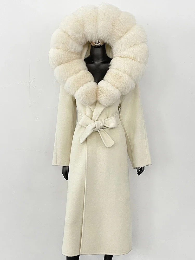 Damski płaszcz z długim kapturem, kolorowy, z kołnierzem z prawdziwego futra lisa, wełniany, nowy model na jesień i zimę 2025, z paskiem, 100% wełna.