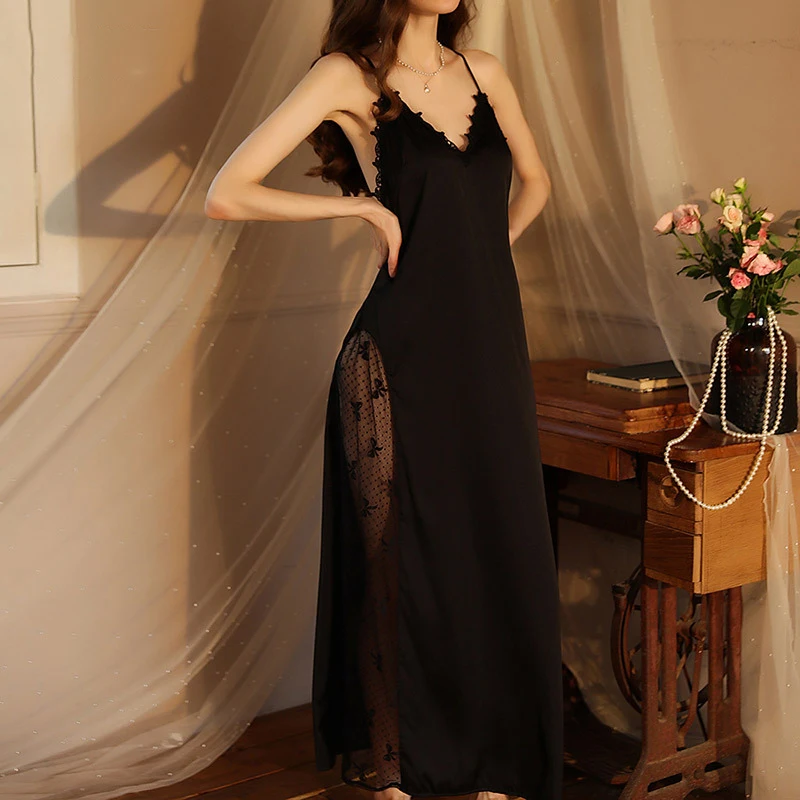 Women Backless Kimono Dressing Gown Sexy Perspective Nightgown Satin Sleepdress Lace Patchwork Nightwear Ultra Long Loungewear