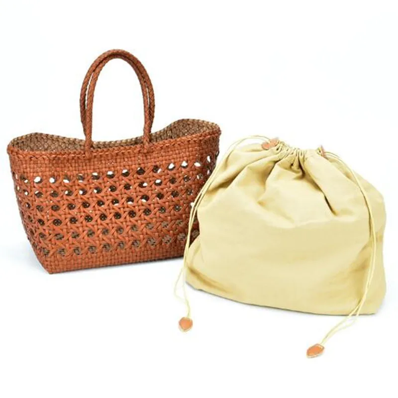 Japan and South Korea Beach Bags Braided cowhide hollowed-out vegetable shopping basket bag