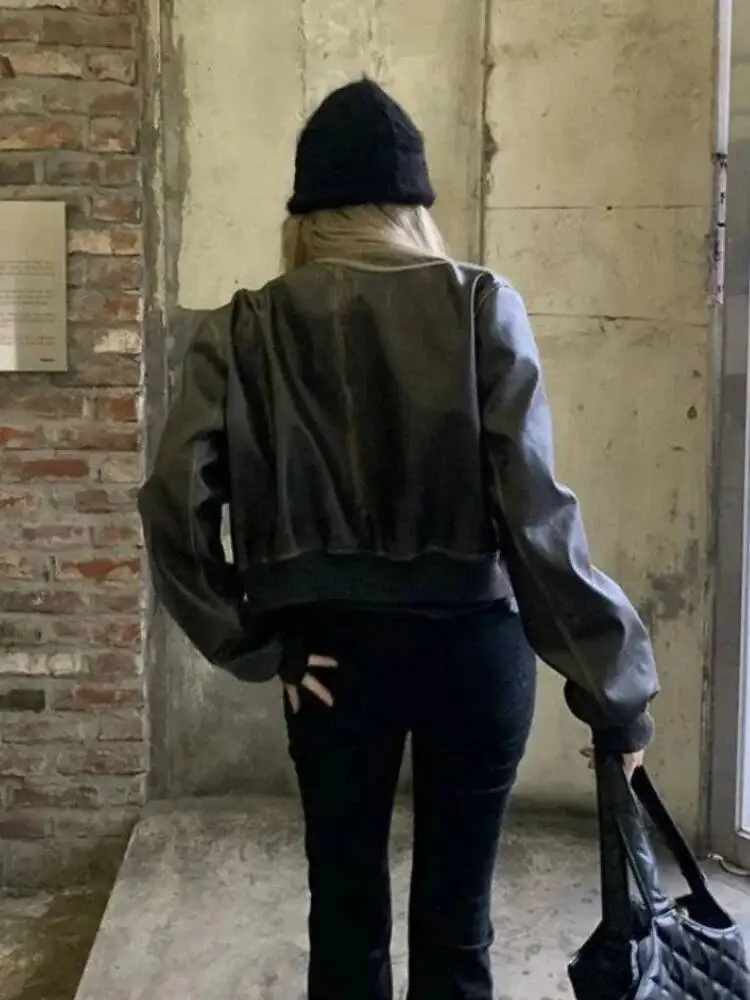 New In Autumn Winter High End Short Motorcycle Leather Jacket Women Top Retro Brown Loose Casual Coat Female Clothing