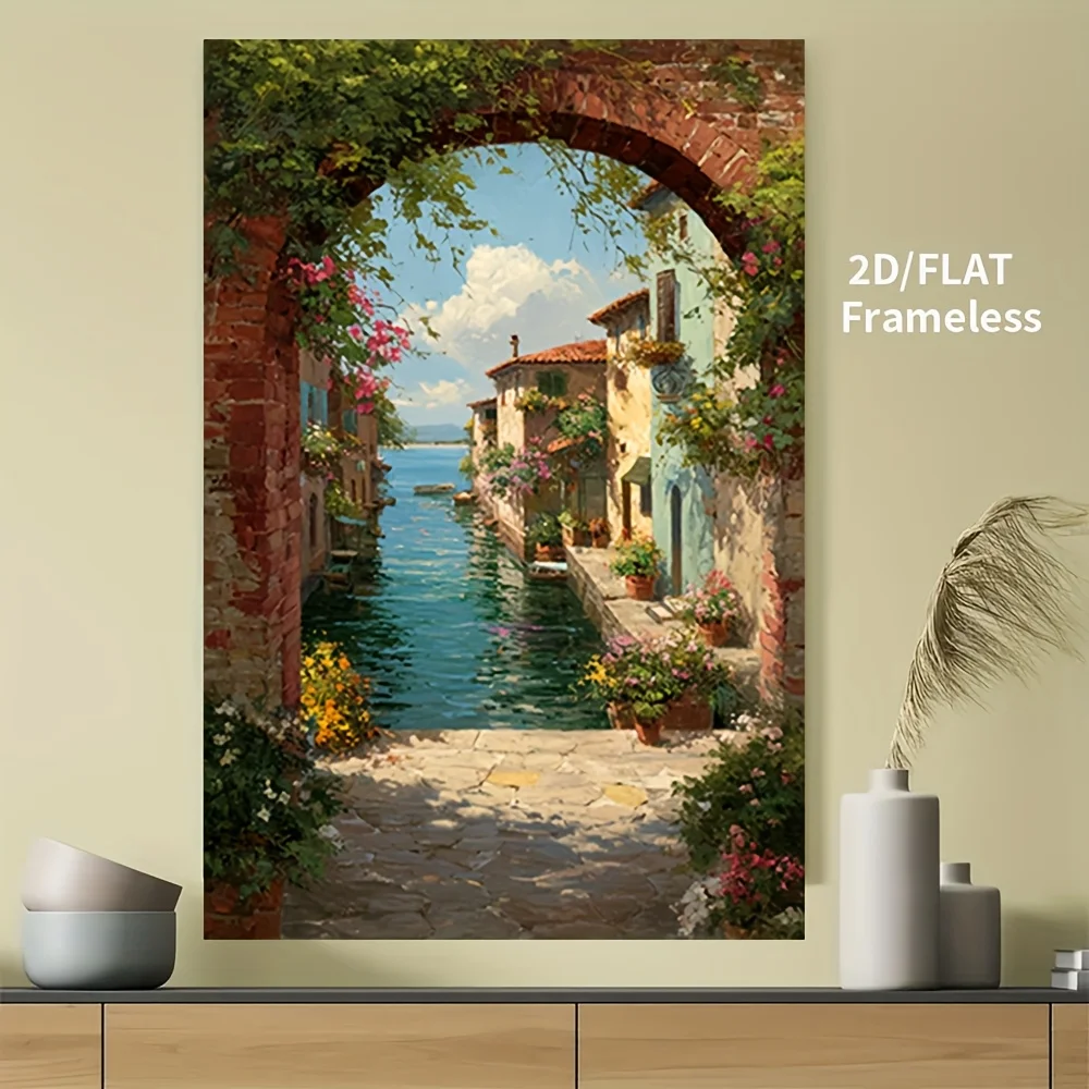 2D Flat, 2D Flat Artwork, 1 Unframed 2D/Flat Canvas Poster, Archway Transparent Canal Canvas Painting, Suitable for Bedroom,